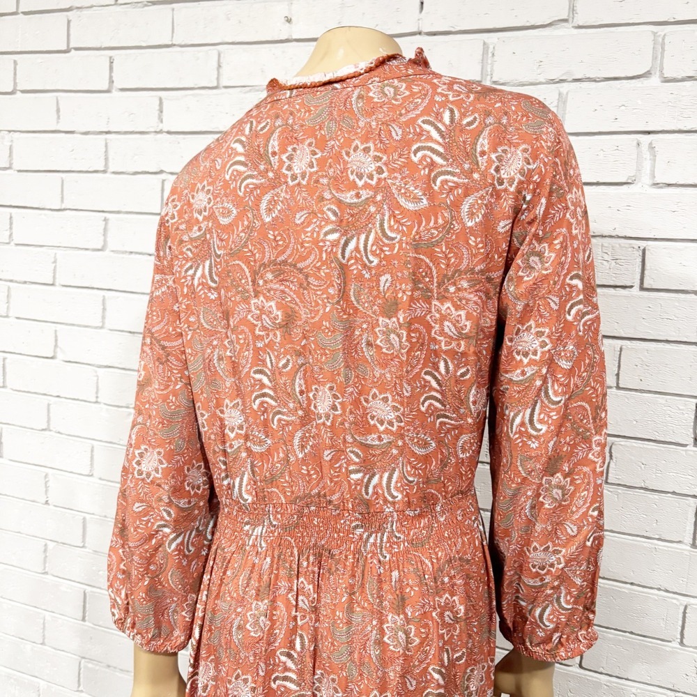 J.Jill Paisley Print Midi Dress Rust Orange Button Neck Ruffle Collar - Size XL - Picture 6 of 8